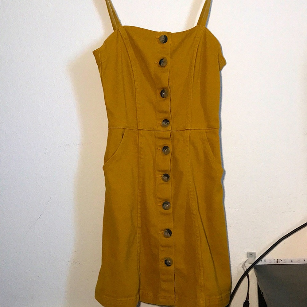 Divided by h&m mustard yellow spagetti strap button down skater dress sized 2